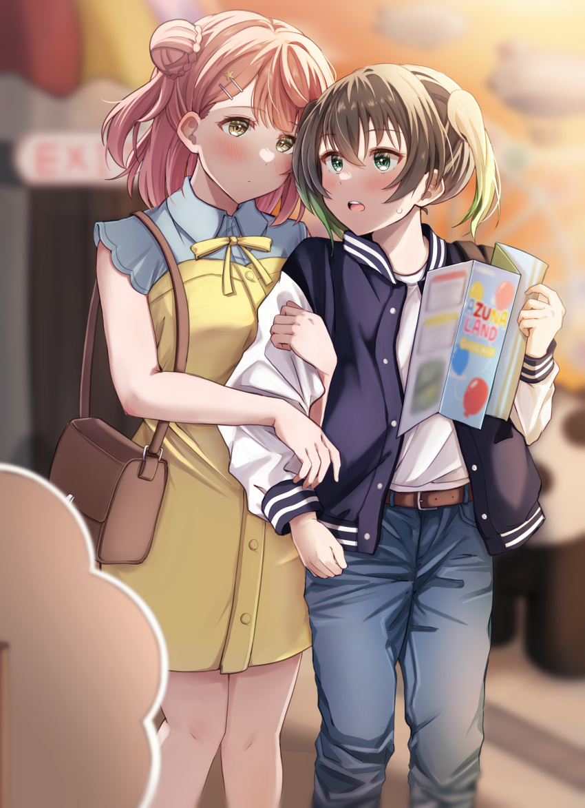 2girls, absurdres, bag, belt, blonde_hair, blue_jacket, blue_pants, blue_shirt