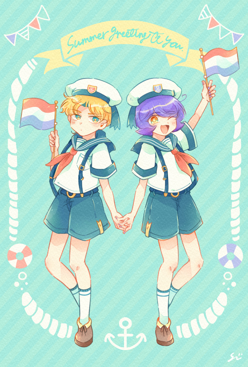 2boys, :d, aged_down, anchor, anchor_symbol, arm_up, artist_name, belt, blonde_hair, blue_background, blue_belt, blue_bow, blue_eyes, blue_shorts, bow, brown_footwear, char_aznable, dot_mouth, english_text, flag, full_body, garma_zabi, gundam, hand_up, hat, hat_bow, highres, holding, holding_flag, holding_hands, lifebuoy, male_focus, mobile_suit_gundam, multicolored_eyes, multiple_boys, neckerchief, one_eye_closed, orange_eyes, pennant, purple_hair, red_neckerchief, sailor, sailor_collar, shiikura, shirt, shoes, short_hair, short_sleeves, shorts, signature, simple_background, smile, socks, standing, string_of_flags, striped, striped_background, suspenders, white_shirt, white_socks