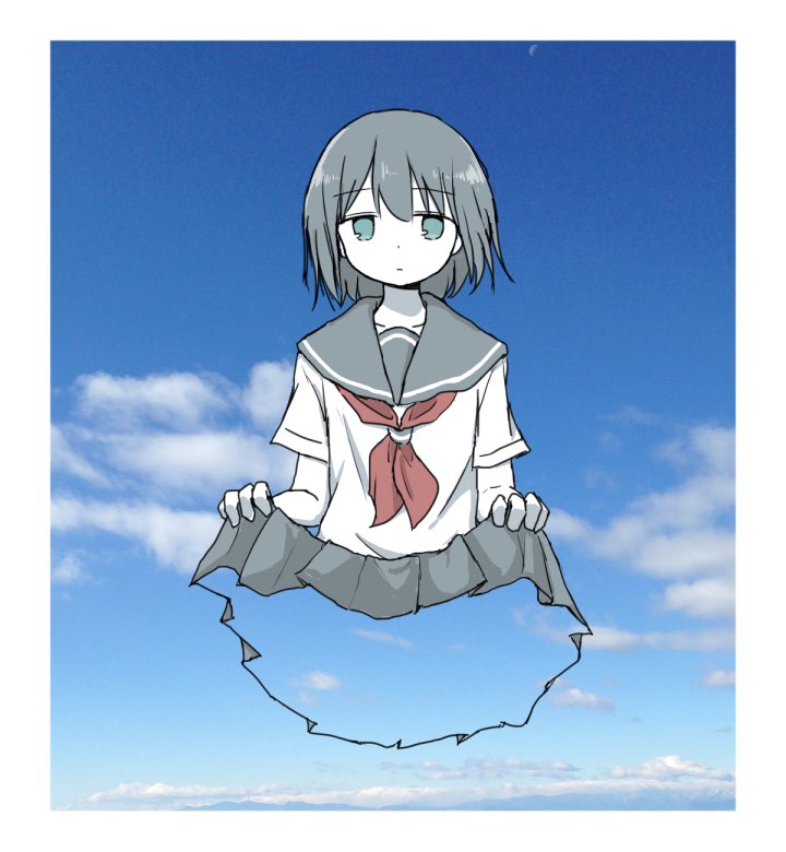 1girl, blue_eyes, blue_sky, border, clothes_lift, clouds, colored_skin, cropped_torso