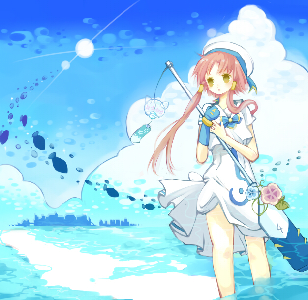 city, cloud, clouds, dress, feet_in_water, fish, flower, hat