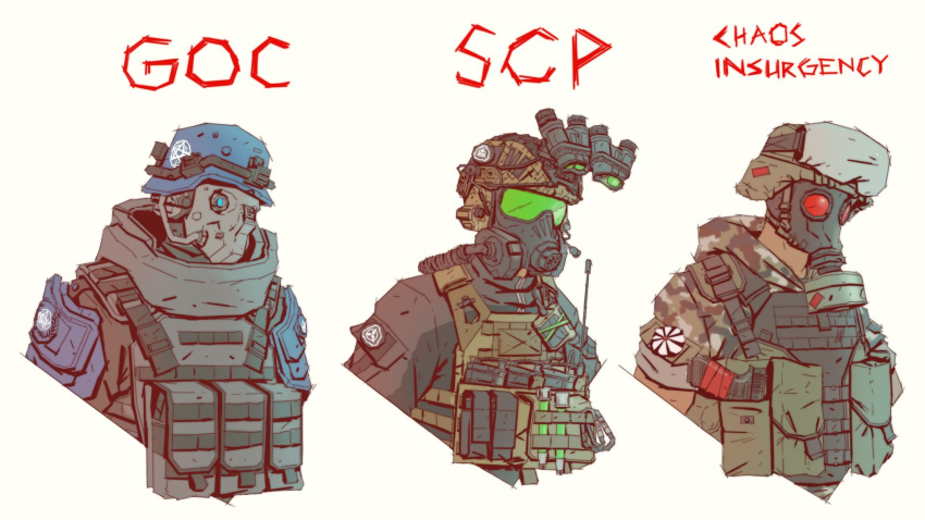3boys, ammunition_pouch, bulletproof_vest, english_text, flare, gas_mask, gun, handgun
