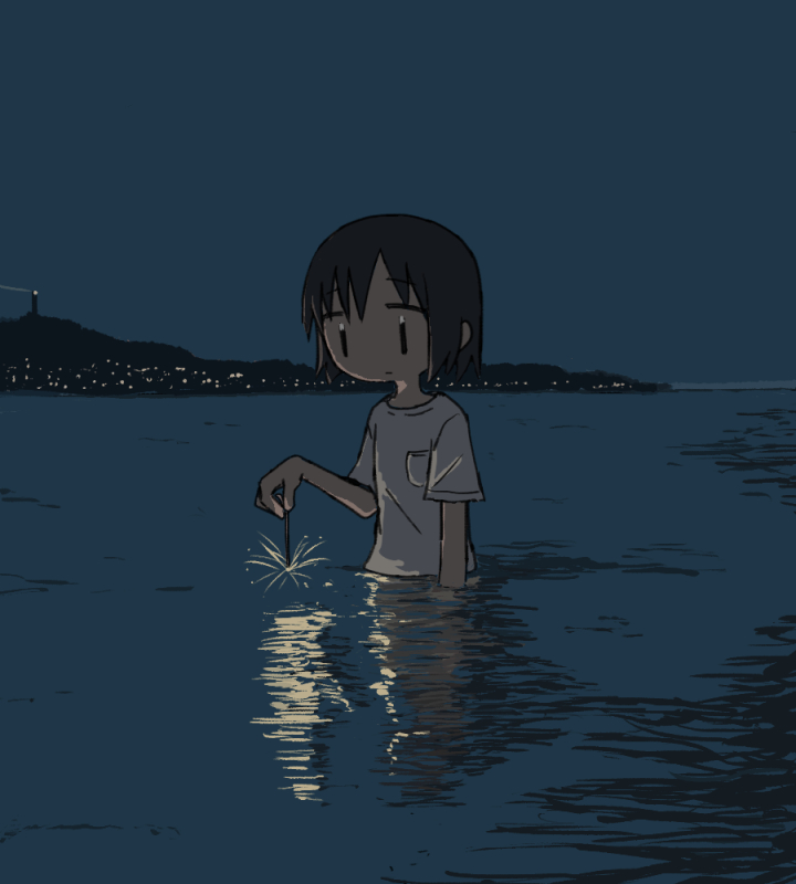 1girl, arm_at_side, black_hair, breast_pocket, city_lights, closed_mouth, expressionless, fireworks