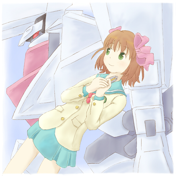 brown_hair, green_eyes, hair_ribbon, idolmaster, idolmaster_xenoglossia, imber, mecha, pen_(coredrill)