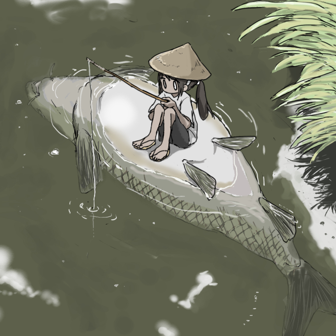 0_0, 1girl, animal, black_shorts, brown_hair, dark-skinned_female, dark_skin, day, dead_animal, fish, fish_request, fishing, fishing_rod, from_above, grass, hat, holding, holding_fishing_rod, long_hair, looking_ahead, no_mouth, original, outdoors, oversized_animal, ponytail, reflection, reflective_water, ripples, sandals, shirt, short_sleeves, shorts, sitting_on_animal, solo, straw_hat, t-shirt, umi_ha_kirai, water, white_shirt, wide_shot