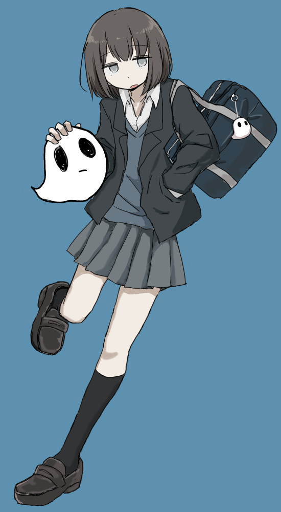 1girl, bag, black_jacket, black_socks, blazer, blue_background, blue_sweater, bob_cut