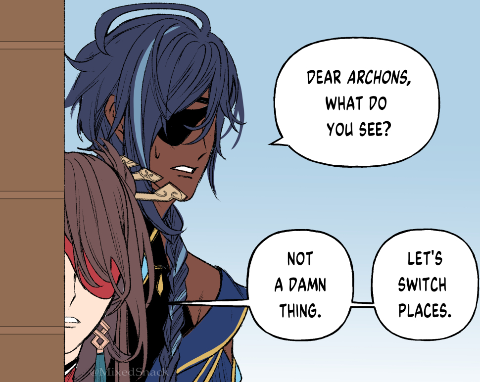 1boy, 1girl, beidou_(genshin_impact), blue_hair, braid, braided_ponytail, brown_hair, commentary