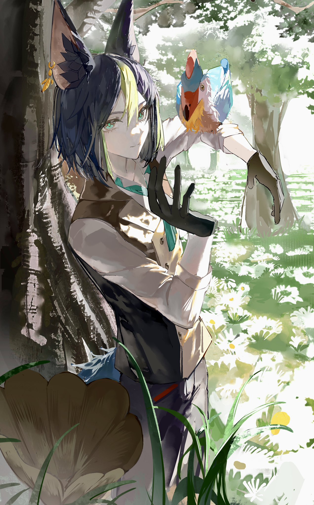 1boy, animal_ears, animal_on_arm, bird, bird_on_arm, black_hair, black_pants, brown_eyes