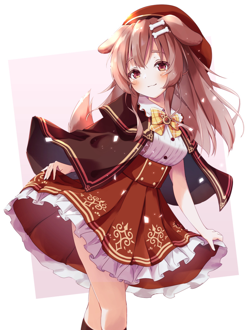 1girl, animal_ears, beret, blush, bone_hair_ornament, bow, breasts, brown_hair