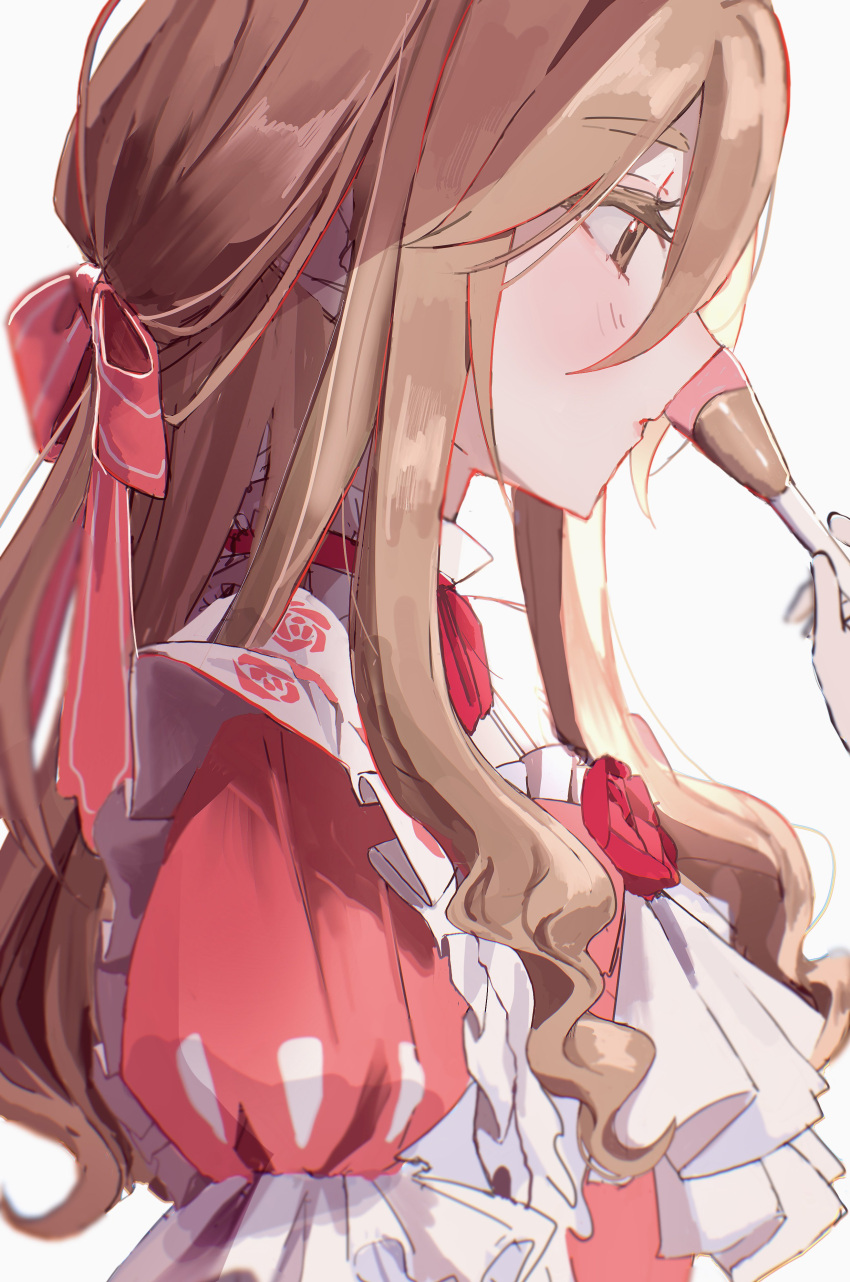 1boy, absurdres, applying_makeup, apron, ascot, blush, bow, brown_eyes, crossdressing, dress, ensemble_stars!, facing_to_the_side, flower, hair_bow, half_updo, highres, light_brown_hair, looking_ahead, male_focus, mashiro_tomoya, otoko_no_ko, parted_lips, pink_bow, pink_dress, rabi_(r_b_0215), red_flower, red_rose, rose, rosicrucian_story_(ensemble_stars!), short_sleeves, solo, wavy_hair, white_apron, white_ascot