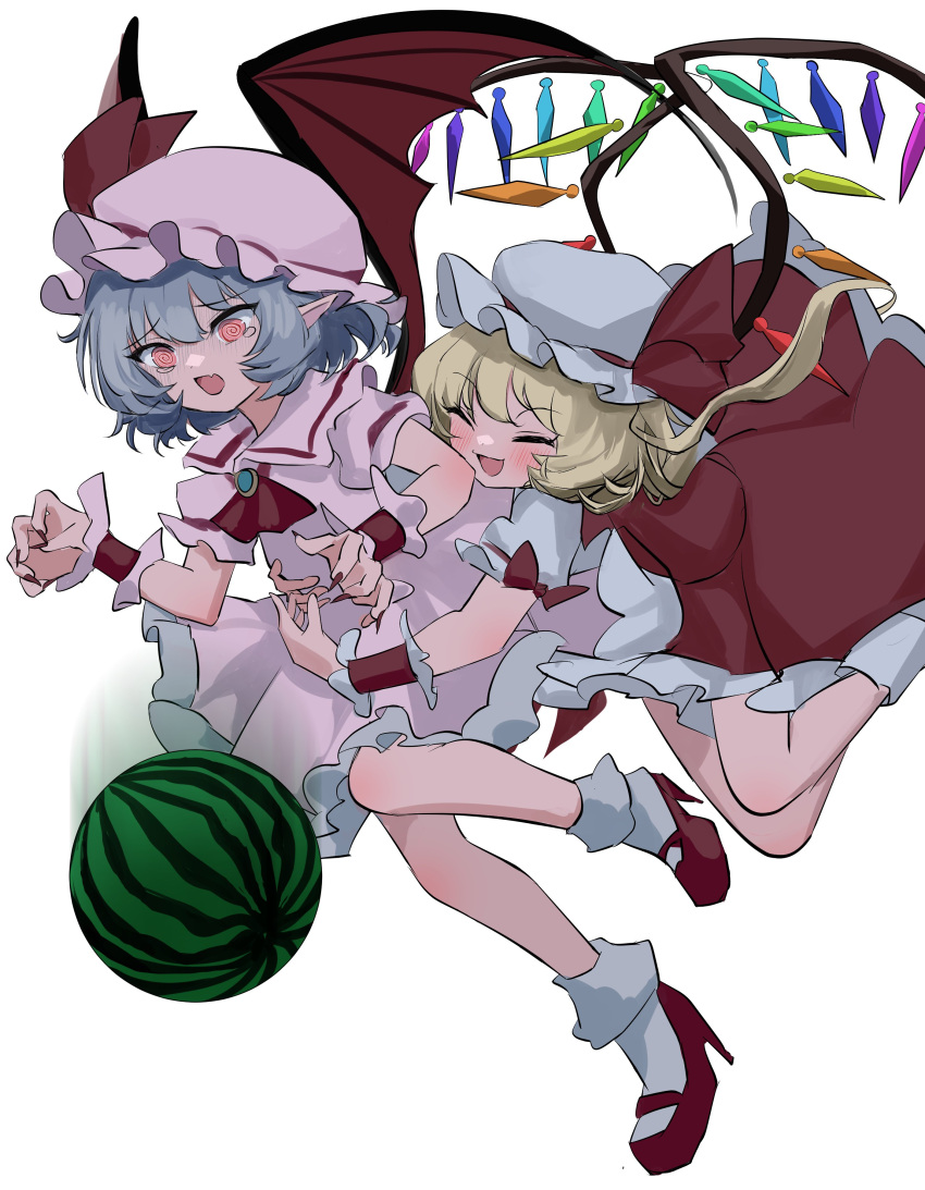 >_<, 2girls, :d, @_@, absurdres, ascot, bat_wings, blonde_hair