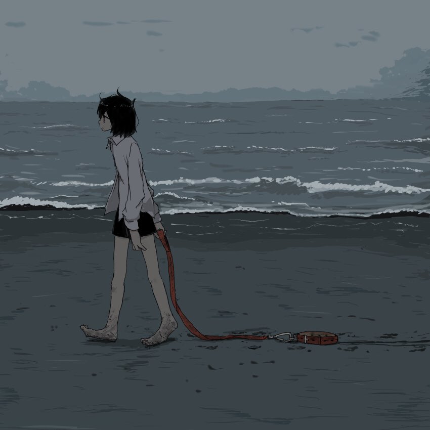 1girl, beach, black_eyes, black_hair, black_shorts, closed_mouth, collared_shirt, commentary