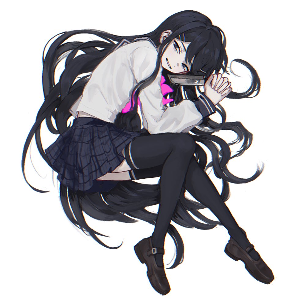 1girl, black_hair, black_sailor_collar, black_skirt, bow, bowtie, danganronpa:_trigger_happy_havoc, danganronpa_(series)
