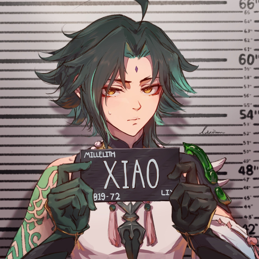 1boy, ahoge, aqua_hair, arm_tattoo, armor, artist_name, barbie_(franchise), barbie_(live_action), barbie_mugshot_(meme), character_name, closed_mouth, detached_sleeves, english_commentary, eyeshadow, facial_mark, forehead_mark, genshin_impact, gloves, gold_trim, green_gloves, green_hair, hands_up, highres, holding, holding_sign, jewelry, long_sleeves, looking_at_viewer, lutaerian, makeup, male_focus, mandarin_collar, meme, multicolored_hair, necklace, orange_eyes, pearl_necklace, red_eyeshadow, shirt, short_hair, shoulder_armor, sign, single_bare_shoulder, single_detached_sleeve, sleeveless, sleeveless_shirt, solo, sweat, sweatdrop, tassel, tattoo, two-tone_hair, white_shirt, wide_sleeves, xiao_(genshin_impact)