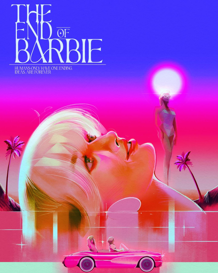 1boy, 2girls, barbie_(character), barbie_(franchise), barbie_(live_action), blonde_hair, car, chevrolet, chevrolet_corvette, chevrolet_corvette_c1, convertible, driving, hat, highres, ken_(barbie), lipstick, makeup, margot_robbie, motor_vehicle, multiple_girls, neon_genesis_evangelion, palm_tree, parody, pink_car, pink_theme, ryan_gosling, teeth, thatstephc, tree, vaporwave