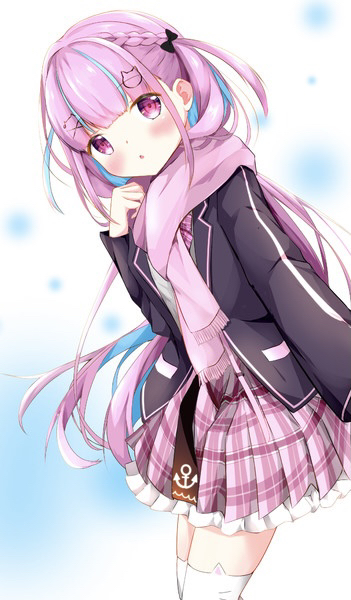1girl, anchor_print, animal_ear_legwear, black_bow, black_jacket, blazer, blue_hair, blunt_bangs