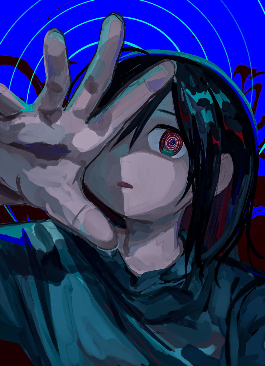1girl, @_@, absurdres, androgynous, black_hair, blue_background, blue_shirt, colored_inner_hair
