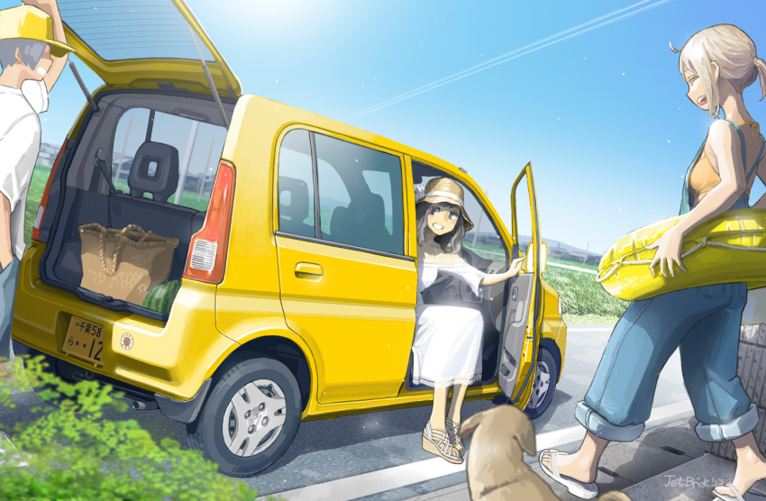 1boy, 2girls, baseball_cap, bikini, blonde_hair, blue_overalls, brown_hair, car