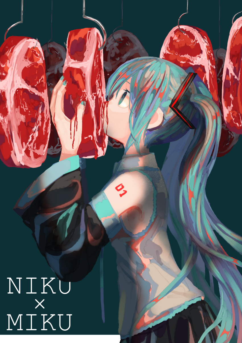1girl, absurdres, aqua_hair, aqua_nails, black_eyes, black_skirt, blood, blood_on_face, blood_on_hands, blue_eyes, blue_necktie, closed_mouth, collared_shirt, commentary_request, cowboy_shot, detached_sleeves, eating, empty_eyes, food, from_side, green_background, grey_shirt, hair_ornament, hands_up, hanging_food, hatsune_miku, highres, long_hair, looking_at_food, meat, multicolored_eyes, necktie, number_tattoo, pleated_skirt, profile, pun, red_pupils, romaji_text, sajou_denryoku, shirt, shoulder_tattoo, simple_background, skirt, solo, tattoo, twintails, very_long_hair, vocaloid, wide_sleeves