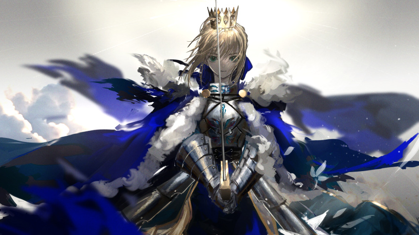 1girl, ahoge, armor, artoria_pendragon_(fate), blodne_hair, blue_bow, blue_cape, blue_skirt