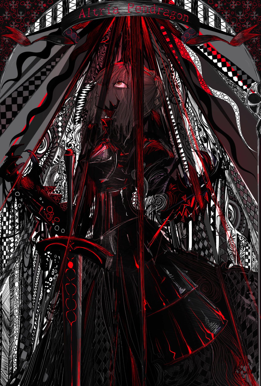 1girl, abstract_background, argyle, argyle_dress, armor, artoria_pendragon_(fate), banner, black_armor