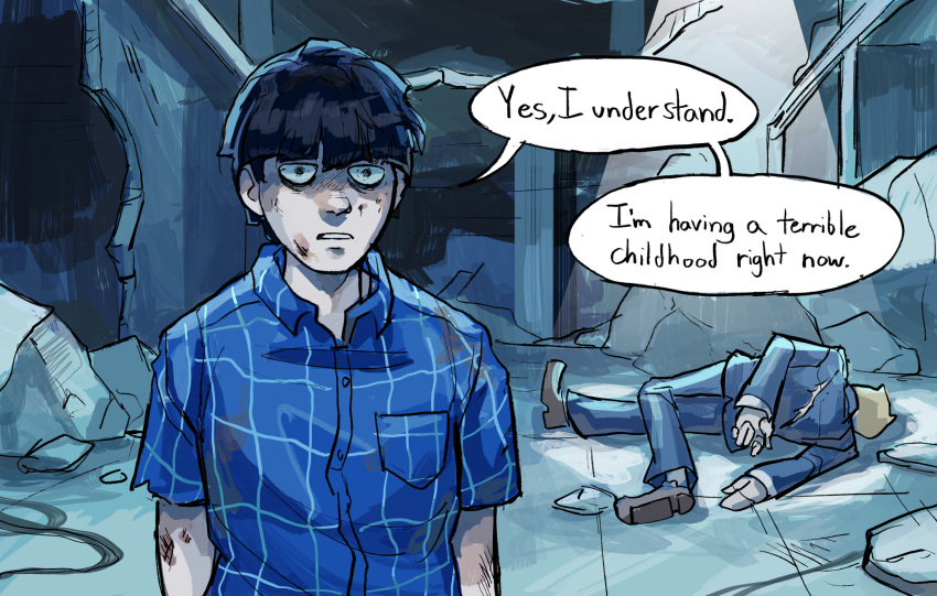 2boys, bags_under_eyes, black_hair, blonde_hair, bowl_cut, breast_pocket, bruise, bruise_on_face, commentary, dialogue_box, english_commentary, english_text, family_guy_death_pose_(meme), highres, injury, kageyama_shigeo, marbleboa, meme, mob_psycho_100, multiple_boys, pocket, reigen_arataka, ruins, shirt, short_hair, torn_clothes