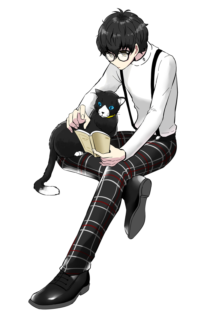 1boy, amamiya_ren, b-ko_(1214920), black-framed_eyewear, black_footwear, black_hair, book, brown_eyes