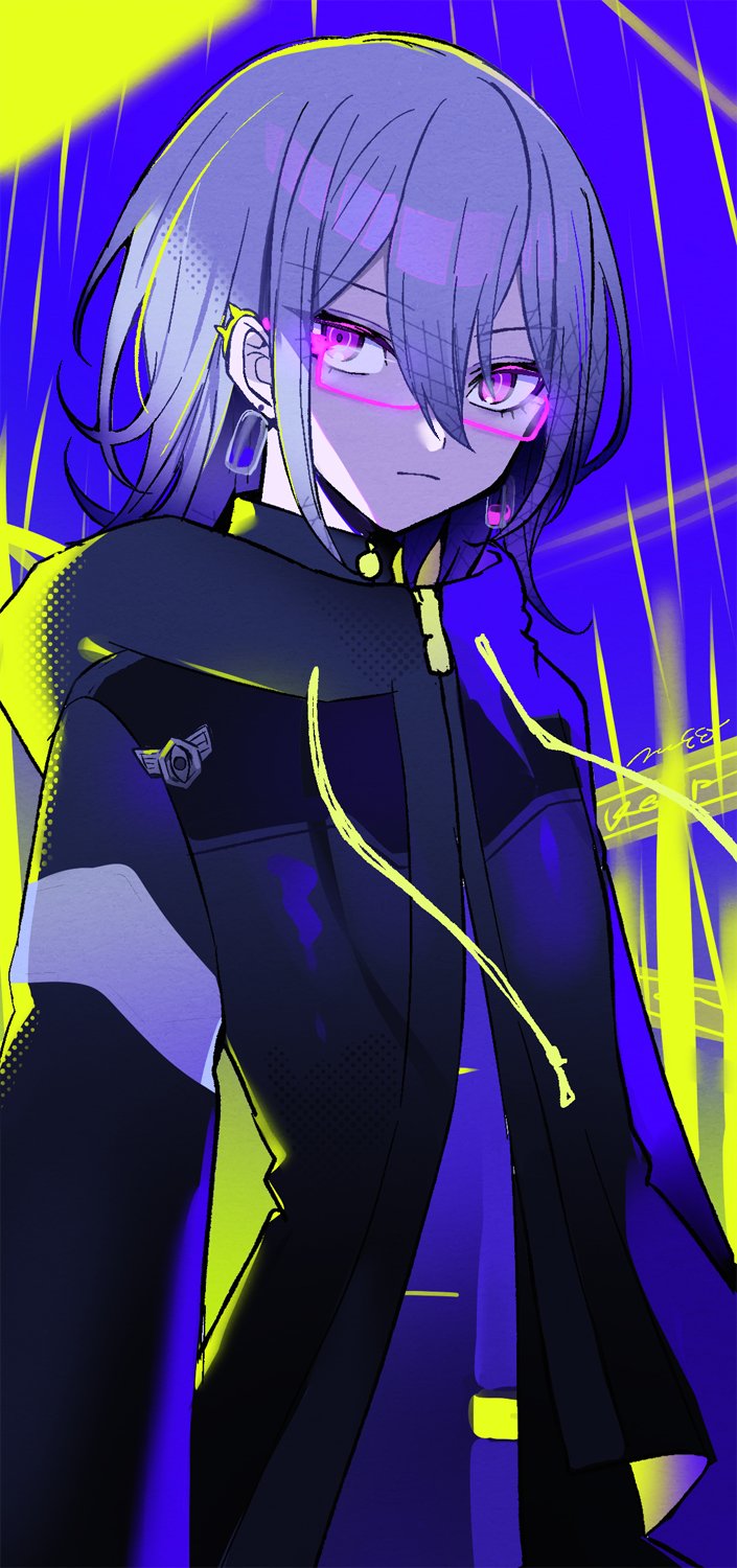 1other, black_coat, closed_mouth, coat, commentary_request, ear_piercing, earrings, glasses
