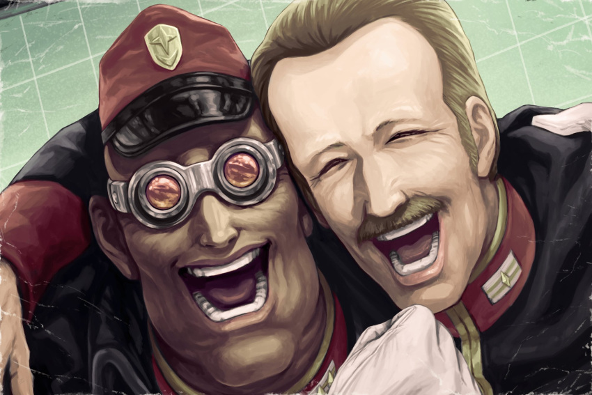 2boys, arm_around_shoulder, bask_om, black_jacket, clenched_hand, facial_hair, gloves, goggles