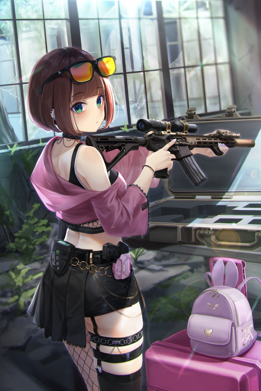 1girl, absurdres, ar-15, asymmetrical_legwear, backpack, backpack_removed, bag, black_shorts