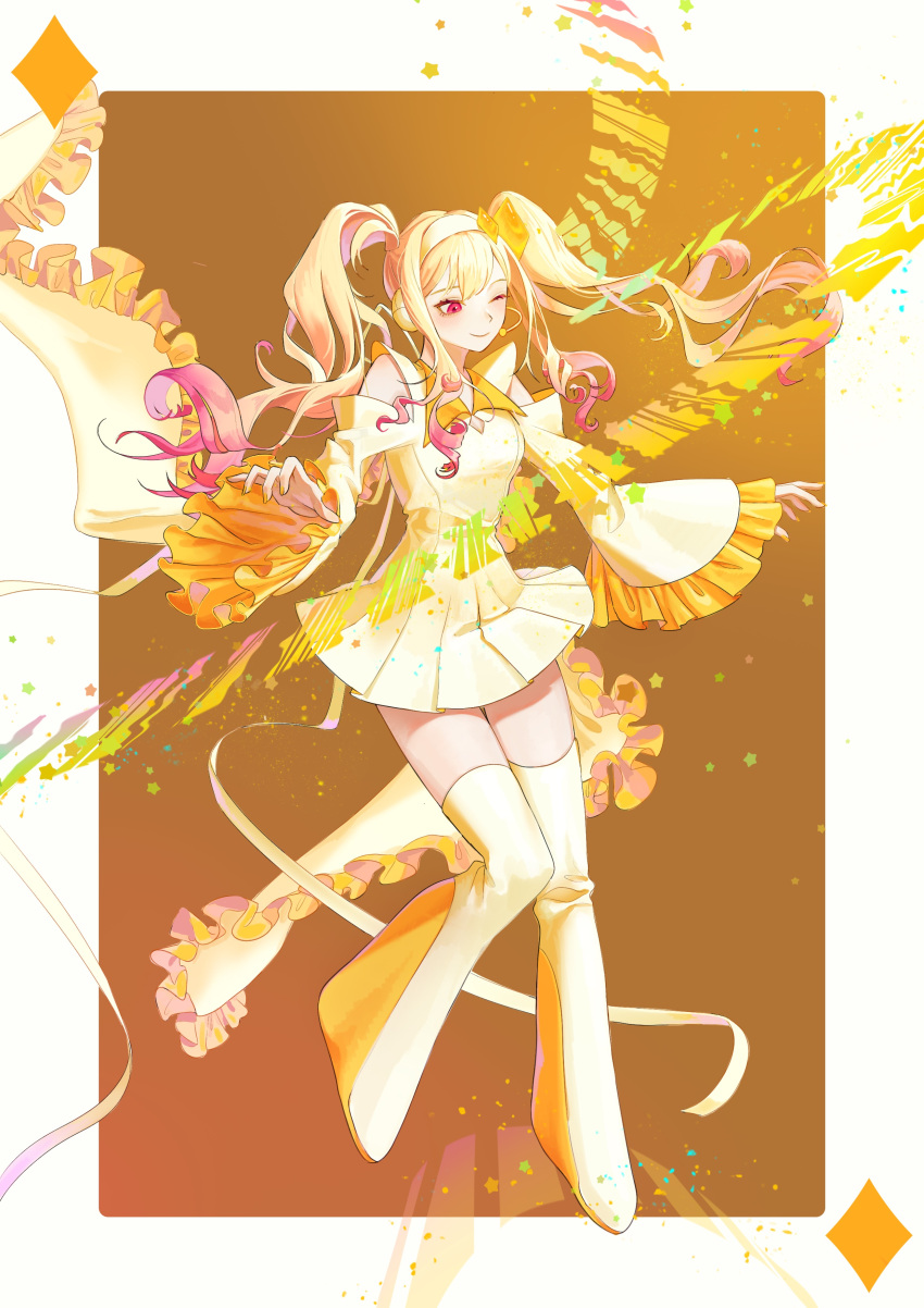 1girl, absurdres, amulet_dia, amulet_dia_(cosplay), bare_shoulders, blonde_hair, boots, closed_mouth
