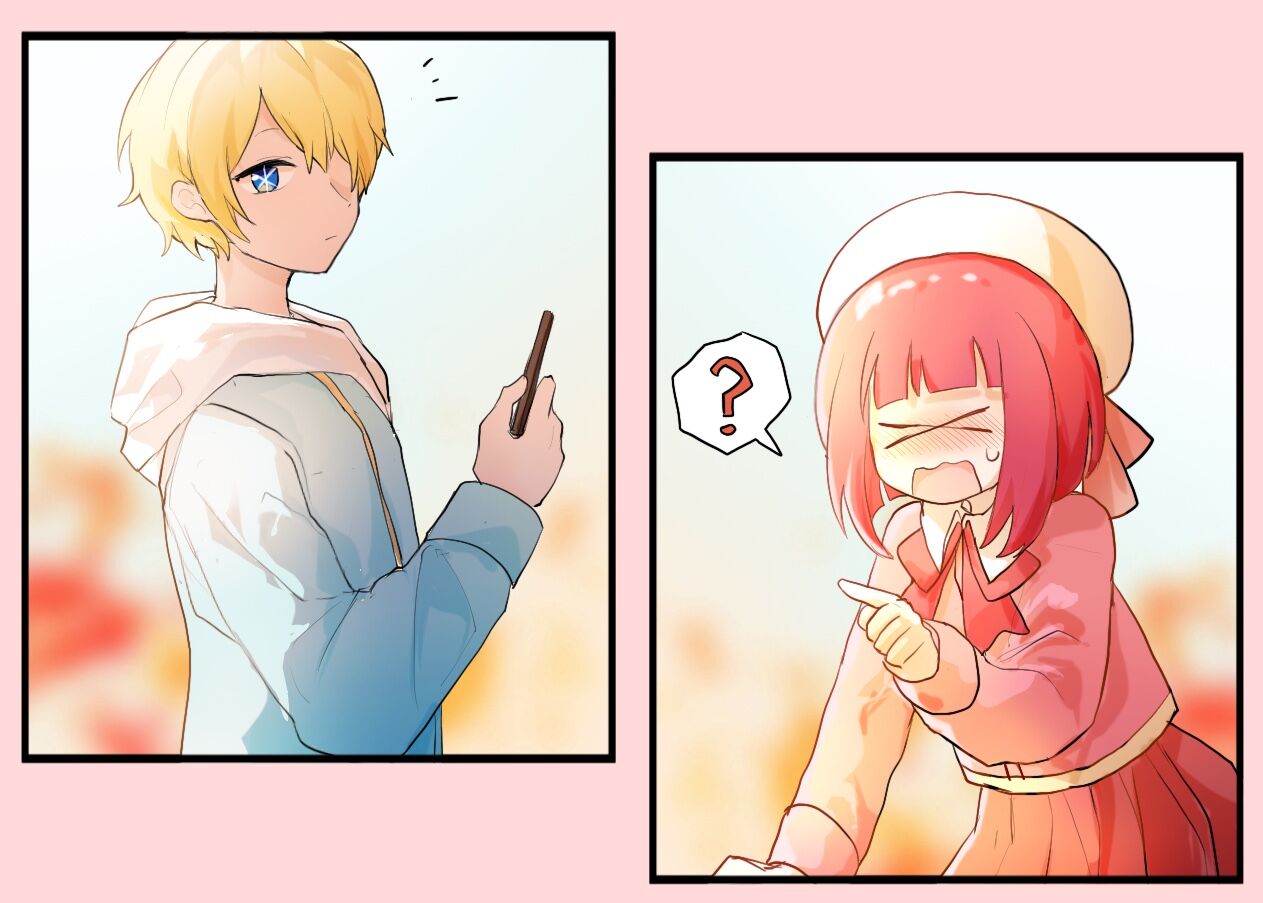 >_<, 1boy, 1girl, ?, akirarec, arima_kana, beret, blonde_hair