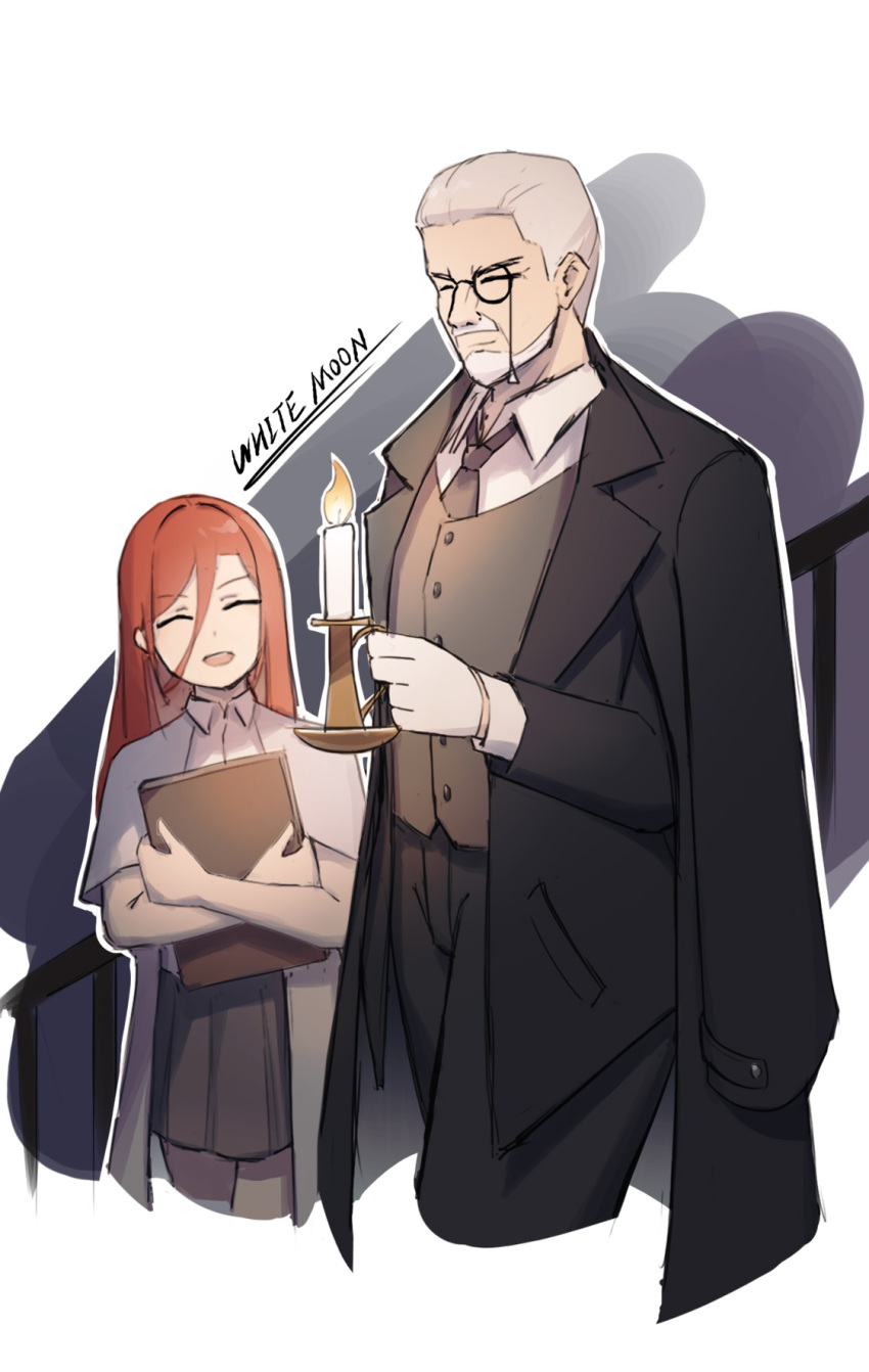 1boy, 1girl, artist_name, beard, black_jacket, black_necktie, black_pants, black_skirt, book, book_hug, candle, closed_eyes, closed_mouth, collared_shirt, commentary_request, cowboy_shot, facial_hair, facing_viewer, formal, gloves, grey_vest, hair_between_eyes, highres, holding, holding_book, holding_candle, jacket, long_bangs, long_hair, long_sleeves, looking_at_another, maoyu_baiyue, monocle, mustache, necktie, object_hug, open_clothes, open_jacket, open_mouth, original, pants, pleated_skirt, redhead, shirt, short_hair, simple_background, skirt, smile, suit, vest, white_background, white_gloves, white_hair, white_shirt