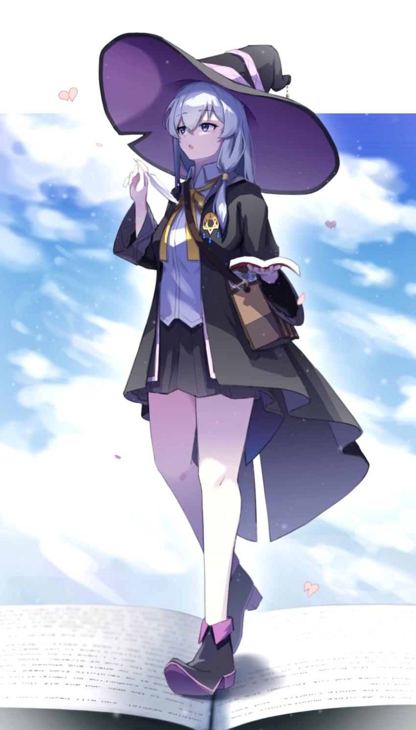 1girl, black_footwear, black_headwear, black_robe, black_skirt, blue_eyes, book, breasts
