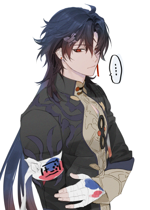 ..., 1boy, ahoge, bandaged_hand, bandages, black_sleeves, blade_(honkai:_star_rail), butterfly_hair_ornament