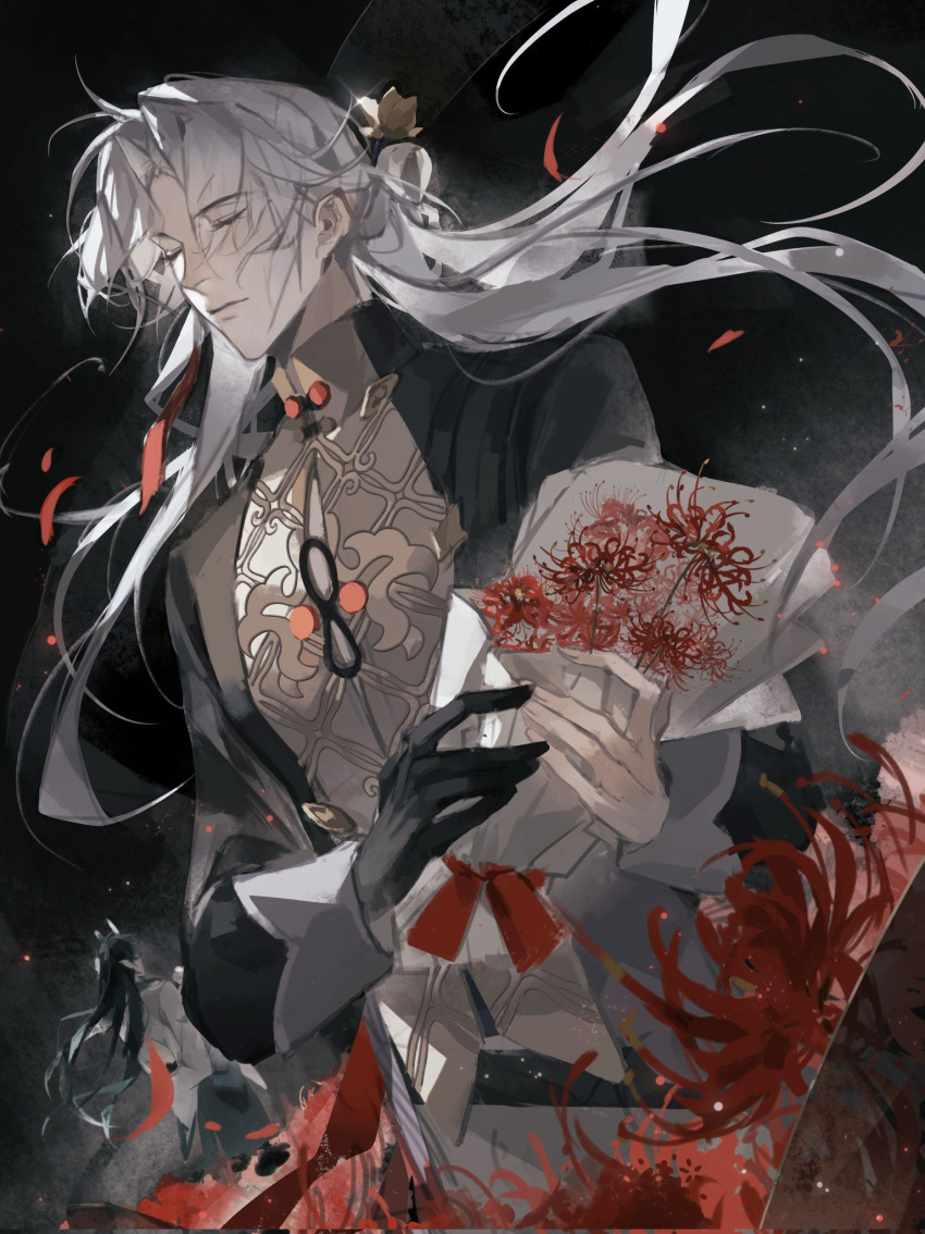 2boys, black_background, black_gloves, black_sleeves, blade_(honkai:_star_rail), bouquet, chinese_clothes, closed_eyes