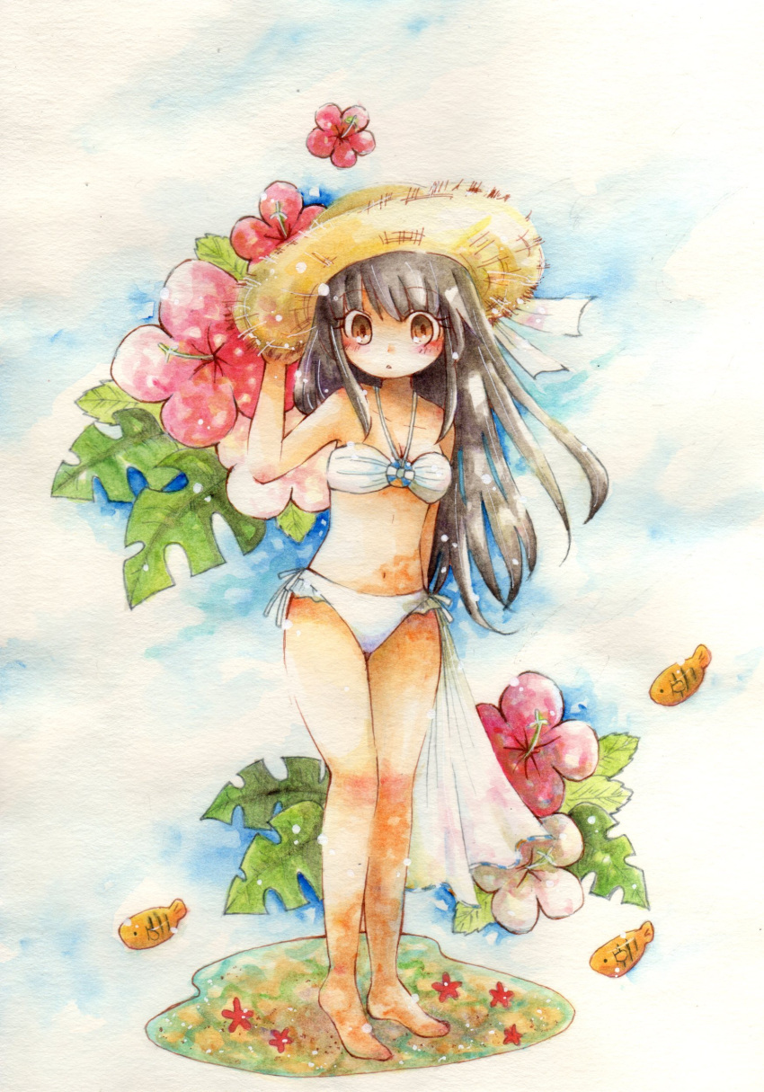 aruru_(artist), bikini, black_hair, brown_eyes, flower, hat, hibiscus, highres, long_hair, original, sarong, solo, straw_hat, swimsuit