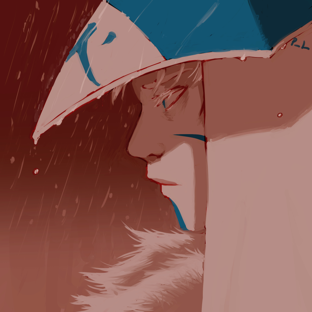 1boy, blue_eyes, closed_eyes, closed_mouth, facial_mark, from_side, fur_trim, hat