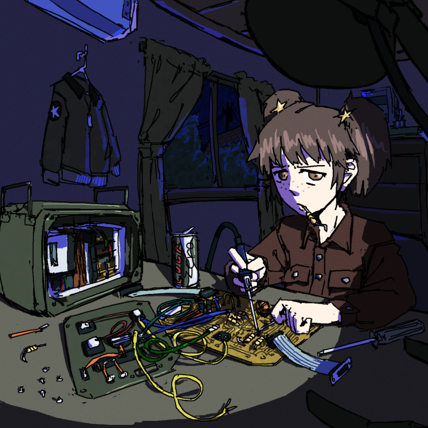 1girl, alisa_(girls_und_panzer), alternate_costume, bedroom, bomber_jacket, brown_eyes, brown_hair, brown_shirt