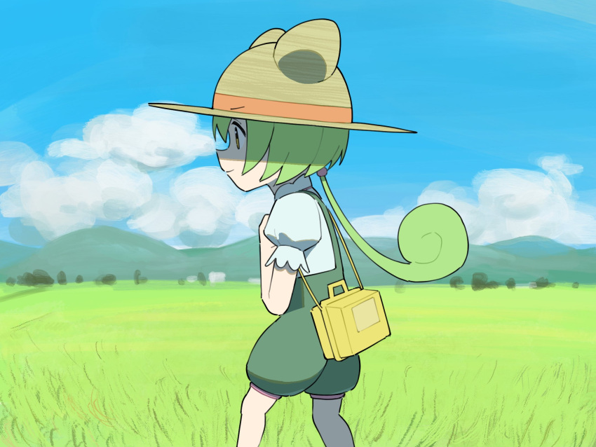 1girl, animal_ear_headwear, bag, blue_sky, closed_mouth, clouds, feet_out_of_frame, field