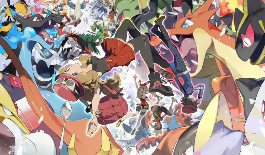 2boys, 2girls, :d, abomasnow, aerodactyl, aggron, alakazam, ampharos