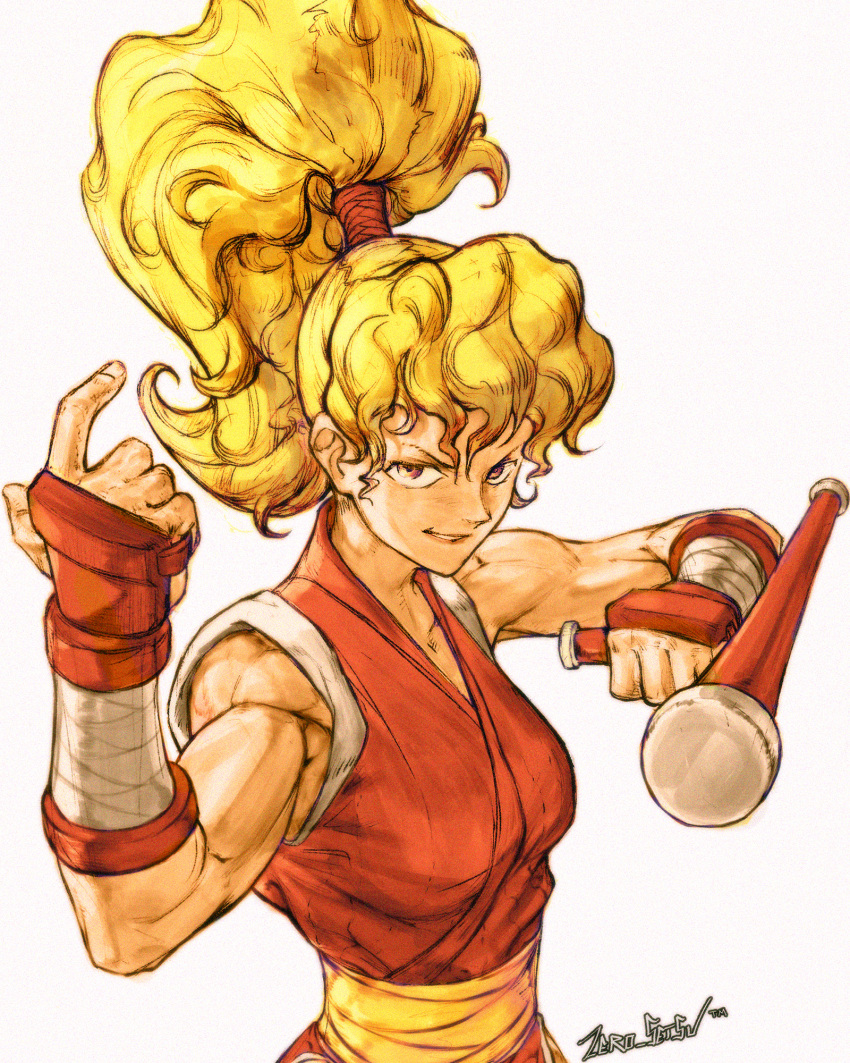 1girl, artist_name, beckoning, blonde_hair, breasts, brown_eyes, final_fight, fingerless_gloves, genryuusai_maki, gloves, hair_between_eyes, high_ponytail, highres, holding, holding_weapon, japanese_clothes, long_hair, looking_at_viewer, medium_breasts, muscular, muscular_female, ninja, ponytail, setsuna_kasugano, simple_background, smile, smug, solo, street_fighter, tonfa, v-shaped_eyebrows, weapon, white_background