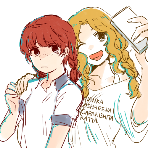 2girls, alisa_(girls_und_panzer), alternate_costume, alternate_hairstyle, blonde_hair, bra_strap, braid, brown_hair, cellphone, freckles, girls_und_panzer, hand_on_another's_shoulder, holding, holding_phone, kay_(girls_und_panzer), lowres, multiple_girls, nervous, no7f_gf, one_eye_closed, open_mouth, phone, polo_shirt, selfie, shirt, smartphone, smile, t-shirt, tongue, tongue_out, twin_braids, white_shirt