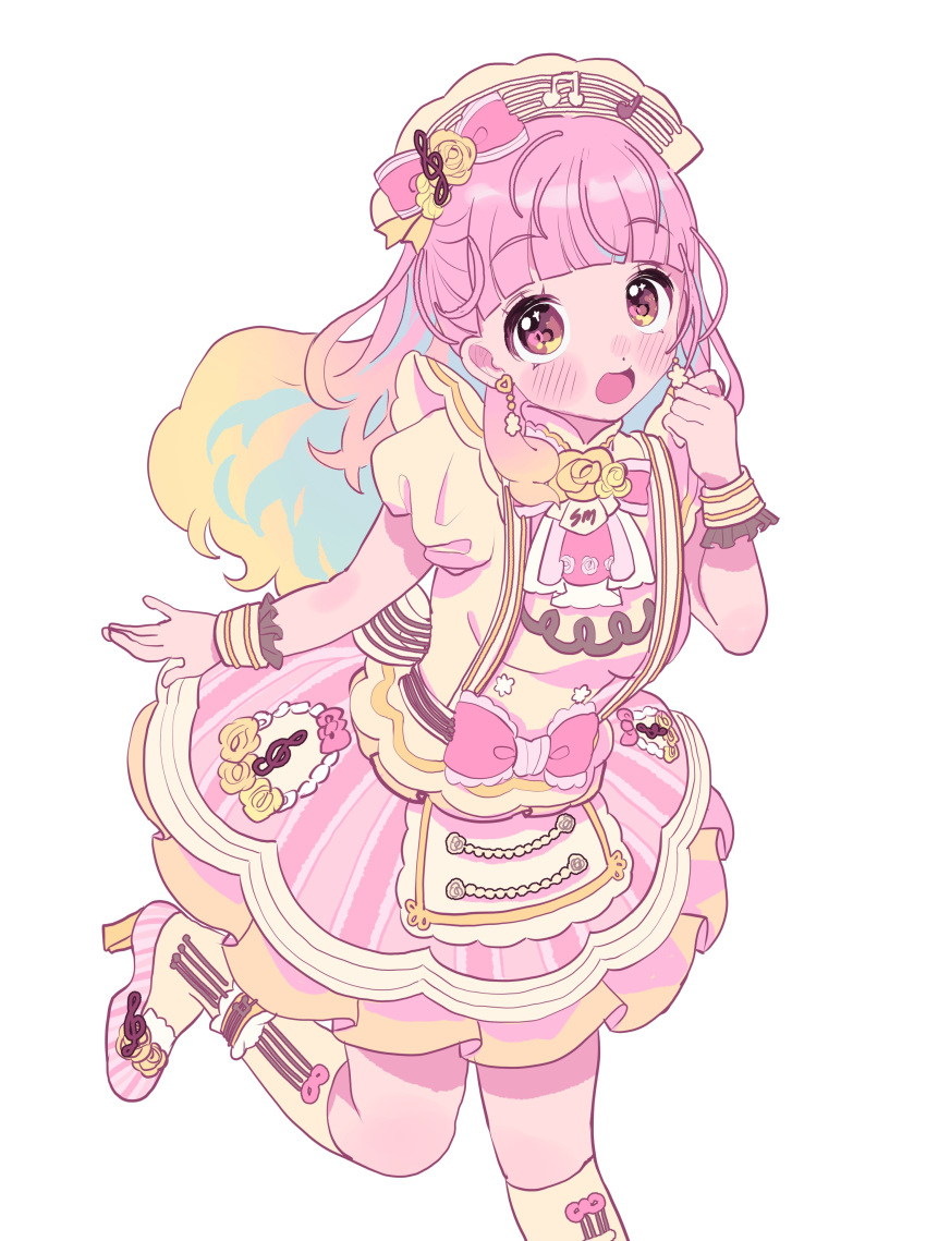 1girl, absurdres, aikatsu!_(series), aikatsu_friends!, blonde_hair, blunt_bangs, bow, dress, earrings, frills, highres, ichigomilk_us, idol, jewelry, kneehighs, layered_dress, long_hair, looking_at_viewer, multicolored_hair, musical_note, open_mouth, orange_eyes, orange_hair, pink_dress, pink_hair, puffy_short_sleeves, puffy_sleeves, short_sleeves, simple_background, socks, standing, standing_on_one_leg, star_(symbol), star_earrings, white_background, wrist_cuffs, yellow_socks, yuuki_aine
