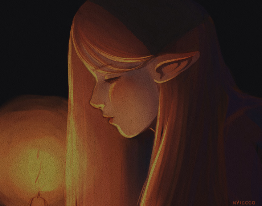 1girl, absurdres, artist_name, blush, brown_hair, candle, closed_eyes, dark_background