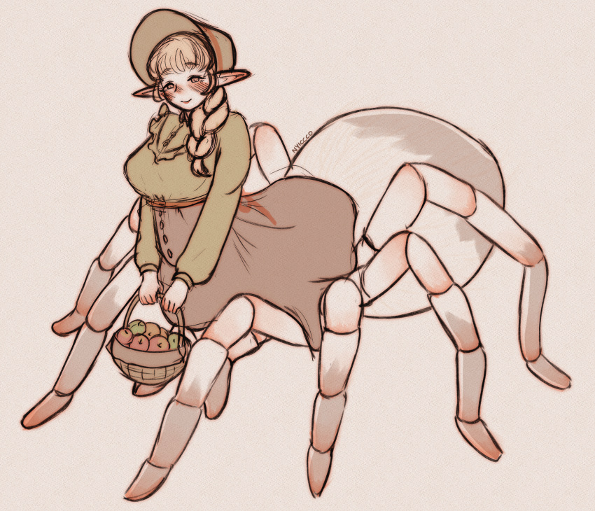 1girl, absurdres, apple, arachne, arthropod_girl, artist_name, basket, blush