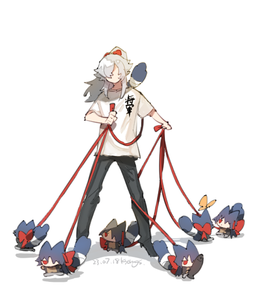 alternate_costume, animal, animal_ears, black_pants, blade_(honkai:_star_rail), bug, butterfly, faceless