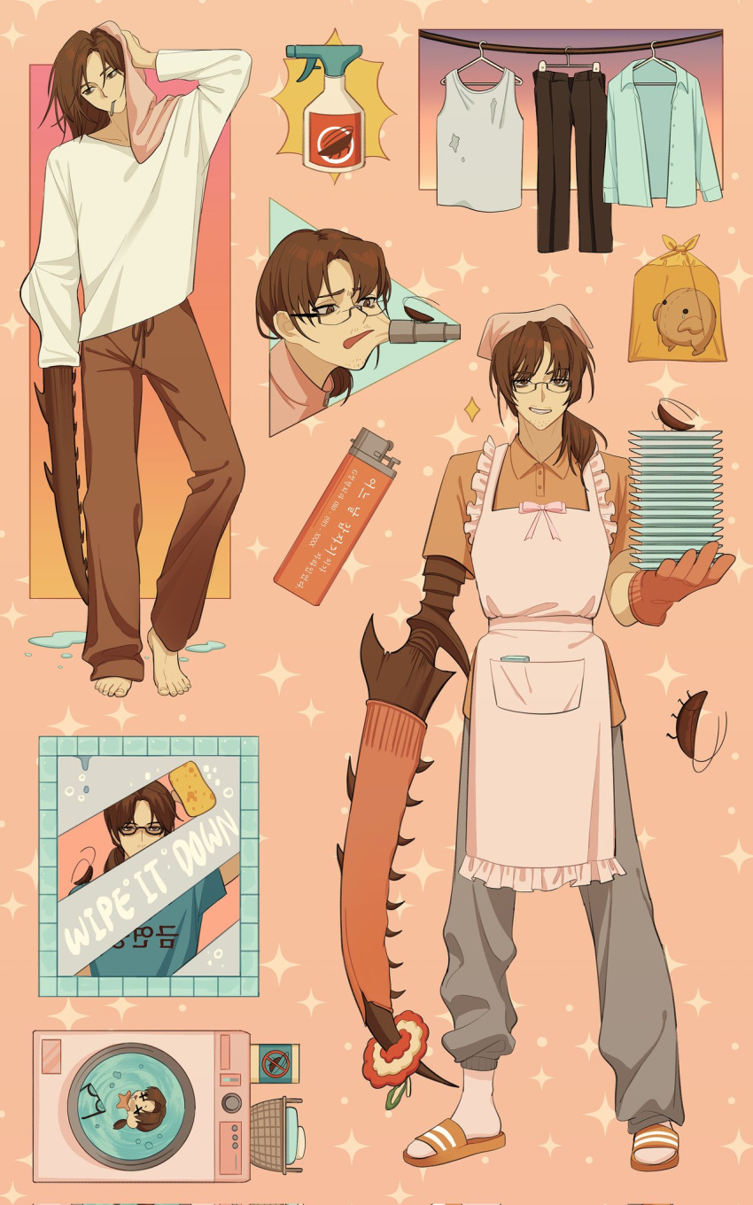 1boy, apron, bongy_(limbus_company), brown_eyes, brown_hair, bug, bug_spray, clothesline, cockroach, commentary, frilled_apron, frills, gregor_(limbus_company), grey_pants, highres, korean_commentary, limbus_company, low_ponytail, male_focus, multiple_views, orange_footwear, pants, pink_background, plate, project_moon, sandals, simple_background, socks, sparkle, sponge, standing, szztzzs, washing_machine, white_socks