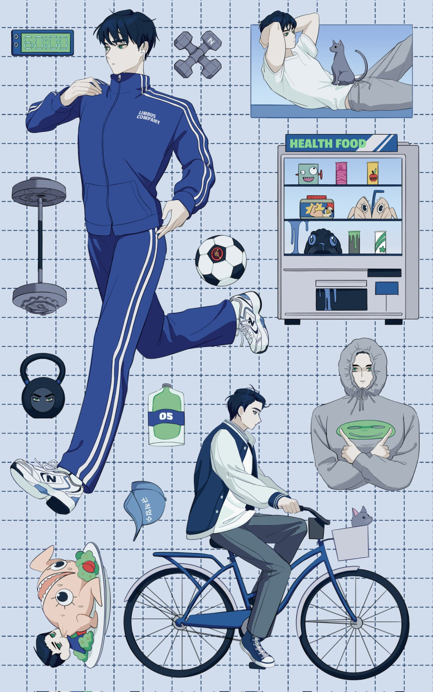 1boy, baseball_cap, bicycle, blubbering_toad_(limbus_company), blue_headwear, blue_jacket, blue_pants, bongy_(limbus_company)