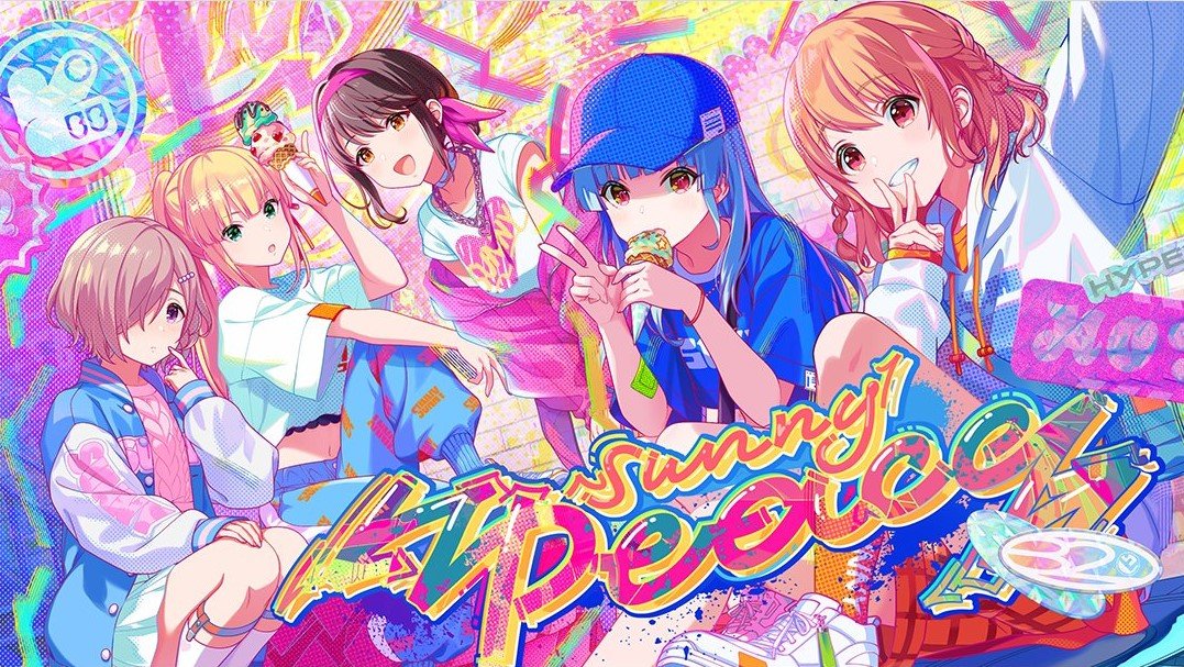 5girls, :d, arm_up, artist_request, baseball_cap, blonde_hair, blue_hair, blue_headwear