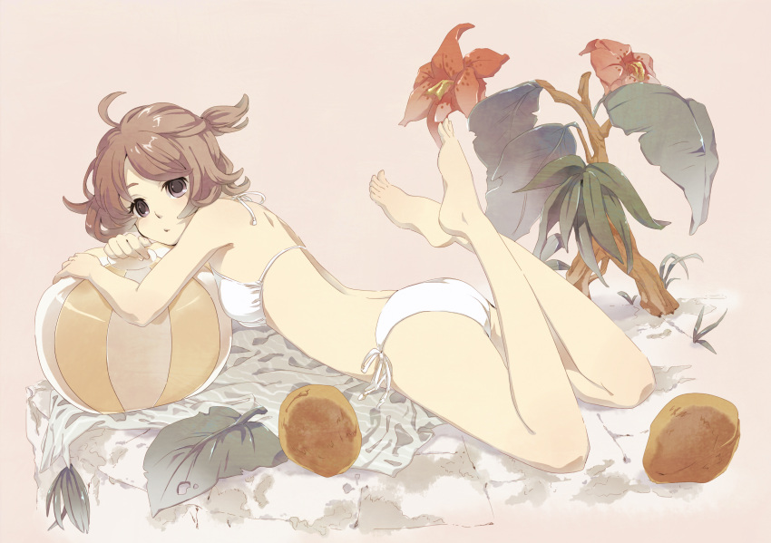 bad_id, barefoot, bikini, brown_eyes, brown_hair, flower, highres, leaf